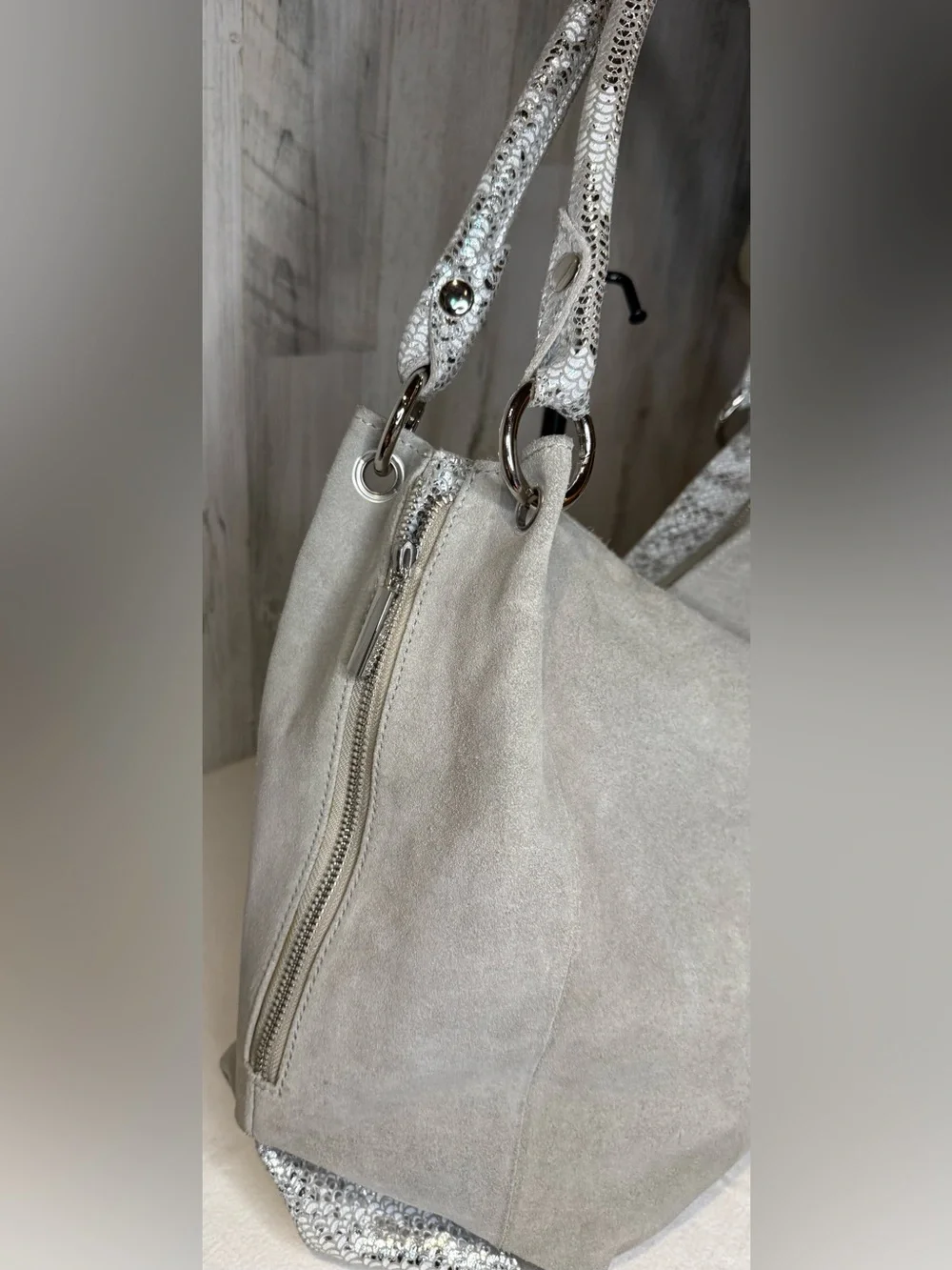 Celine Dion Gray Suede Shoulder Bag with Metallic Snake Trim Y2K